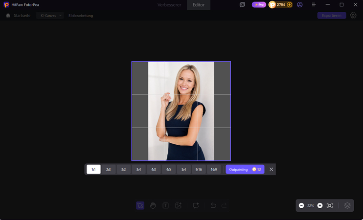FotorPea outpainting tool showing aspect ratio selection options including 16:9 and 9:16