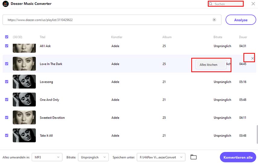 search and delete deezer music