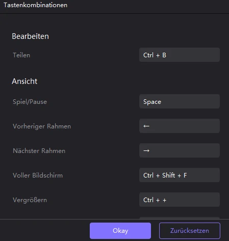 video editor Tastenkombination