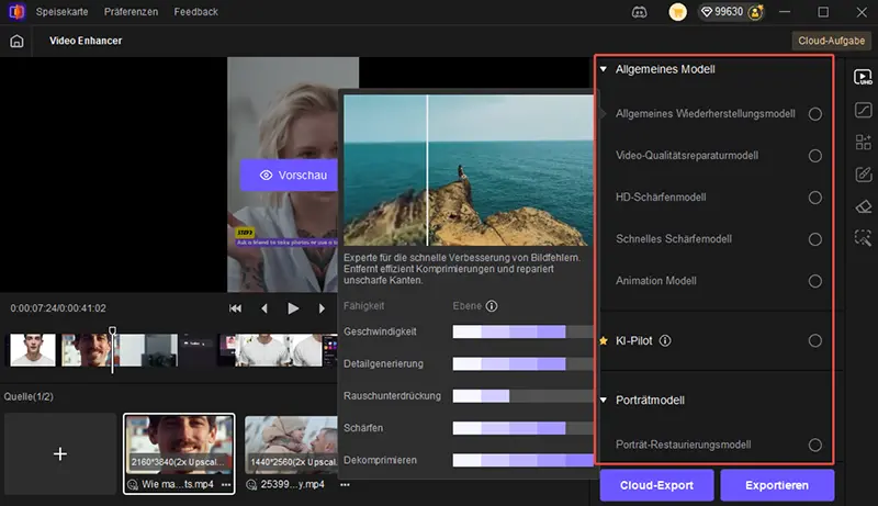 rauschen aus video entfernen: KI-Modell wählen