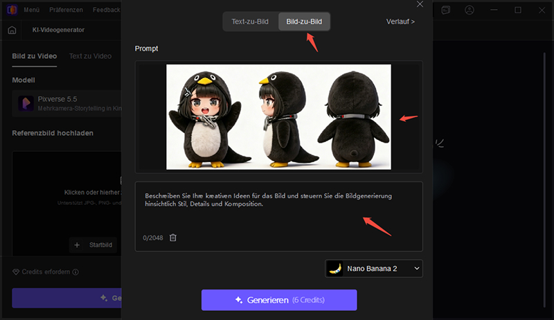 Nano Banana 2 Modell und Prompt für Pinguin-Meme eingeben