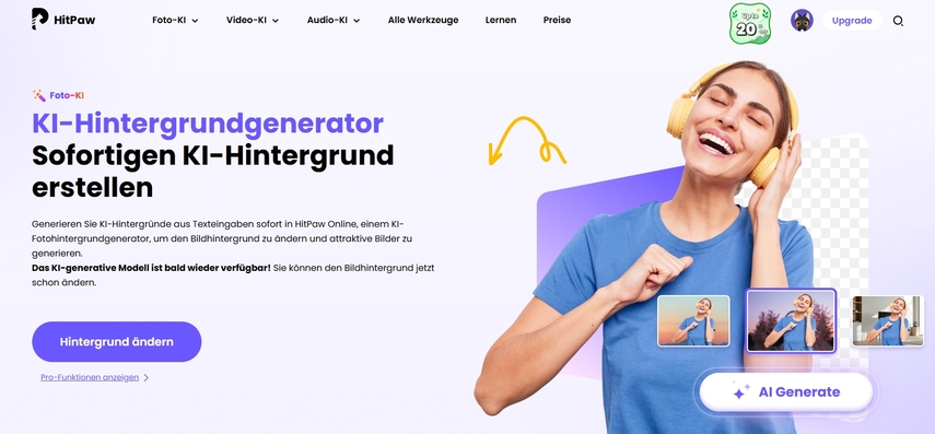 Screenshot des HitPaw AI Hintergrund-Generators Online-Homepage