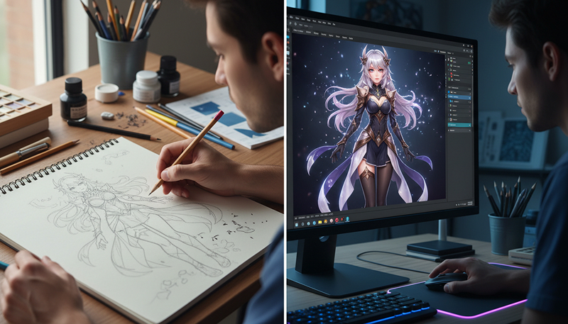 handgezeichnete vs. ki generierte anime charaktere