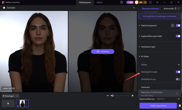 Selecting shadow detail enhancement mode inside HitPaw FotorPea menu