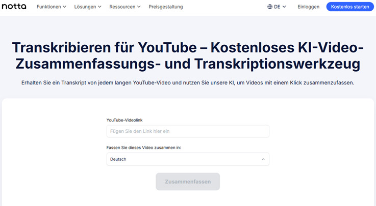 notta youtube video zusammenfassen